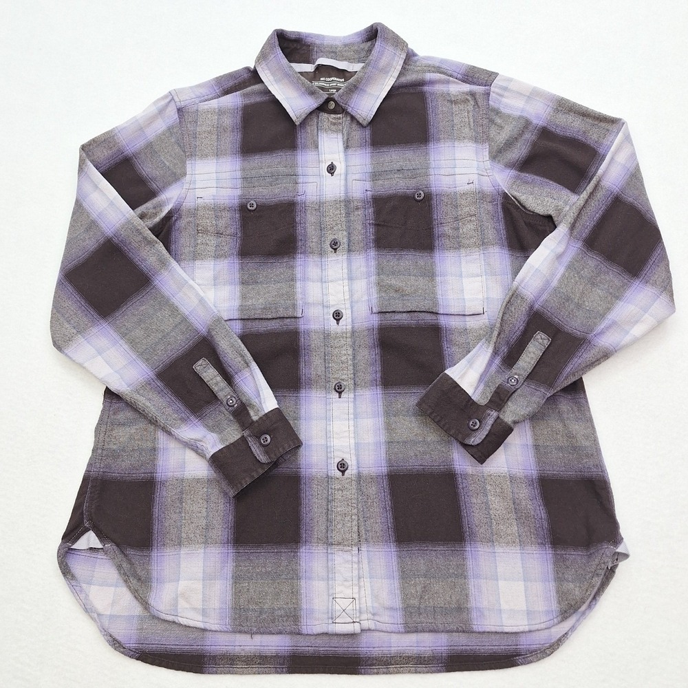 REI Cooperative Shirt Womens Large Purple Gray Plaid Flannel Button‎ Down Shirt